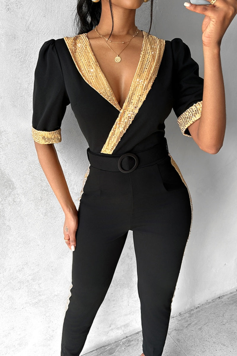 Heidi-Mode | Lässiger Patchwork Pailletten V-Ausschnitt Skinny Jumpsuits