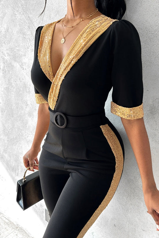 Heidi-Mode | Lässiger Patchwork Pailletten V-Ausschnitt Skinny Jumpsuits