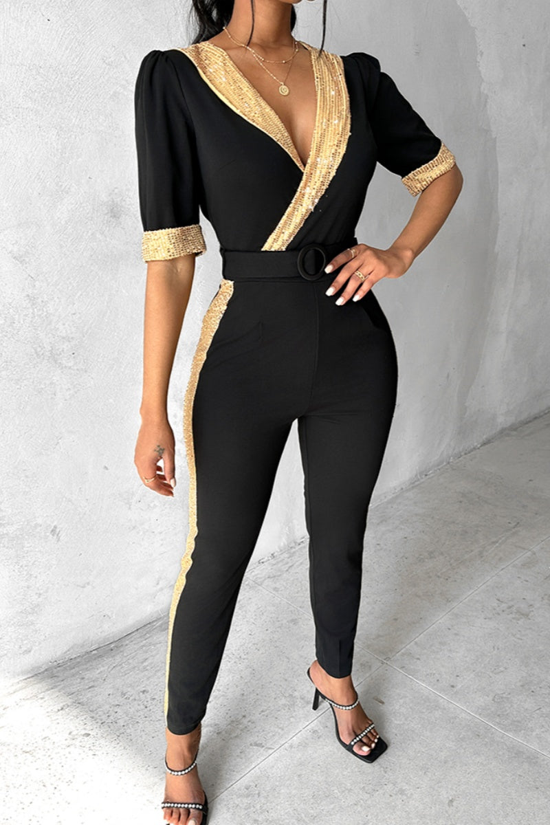 Heidi-Mode | Lässiger Patchwork Pailletten V-Ausschnitt Skinny Jumpsuits