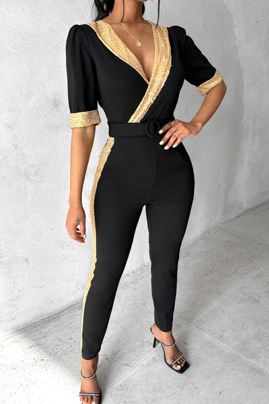 Heidi-Mode | Lässiger Patchwork Pailletten V-Ausschnitt Skinny Jumpsuits