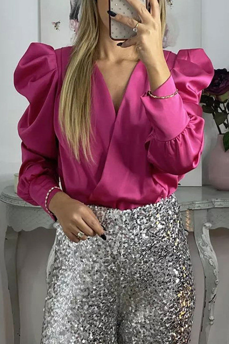 Heidi-Mode | Celebrities Elegante Einfarbige Falten V-Ausschnitt Blusen - 6 Farben