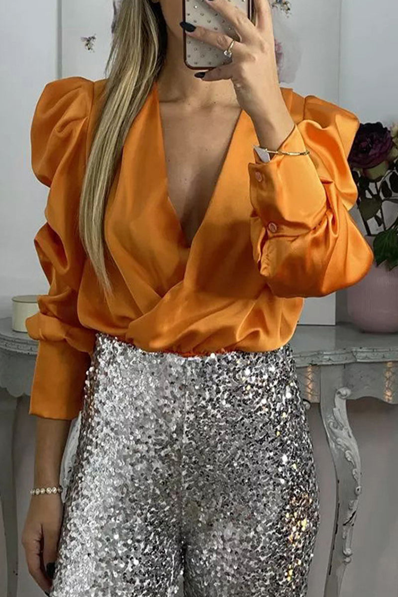 Heidi-Mode | Celebrities Elegante Einfarbige Falten V-Ausschnitt Blusen - 6 Farben