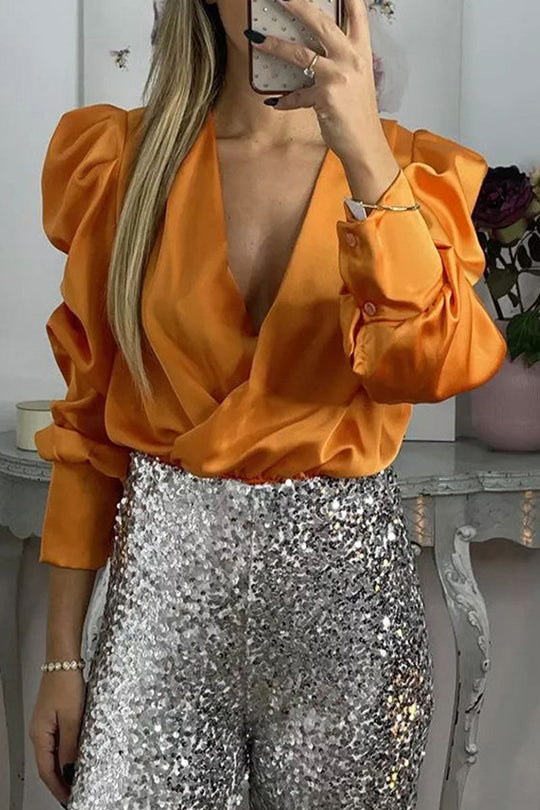 Heidi-Mode | Celebrities Elegante Einfarbige Falten V-Ausschnitt Blusen - 6 Farben
