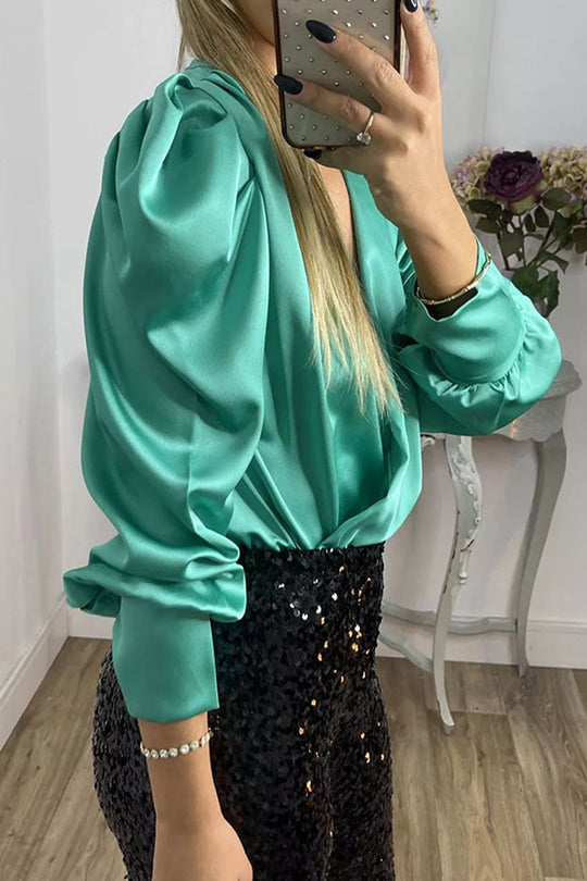 Heidi-Mode | Celebrities Elegante Einfarbige Falten V-Ausschnitt Blusen - 6 Farben