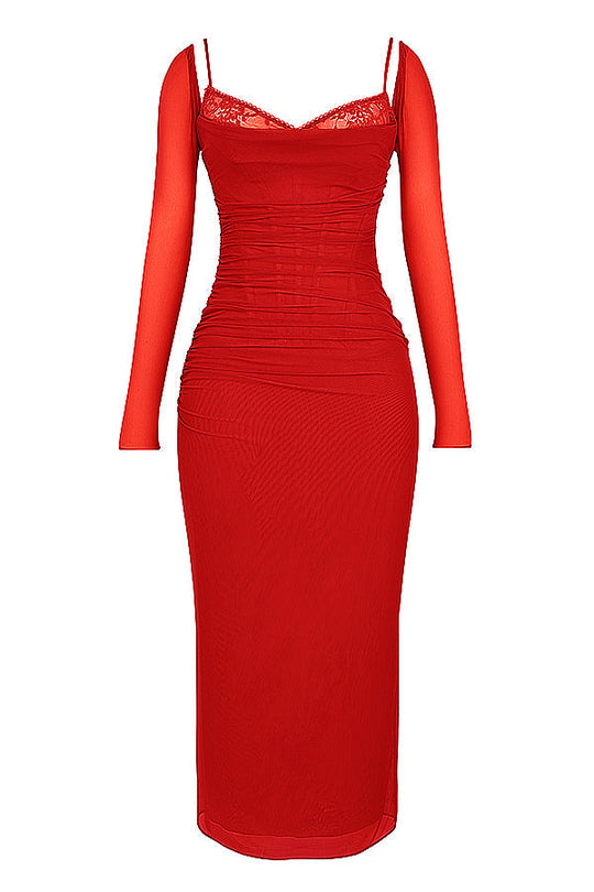 Heidi-Mode | Elegantes Maxikleid mit tiefem Ausschnitt und langen Ärmeln