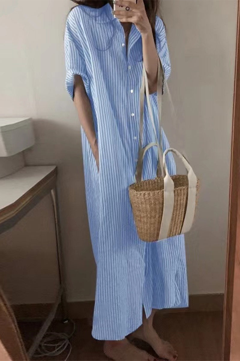 Heidi-Mode | Lässiges gestreiftes Pocket POLO Kragen Hemdkleid Kleider
