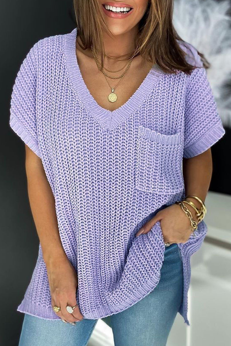 Heidi-Mode | Lässige einfarbige ausgeschnittene Pocket V-Ausschnitt Tops