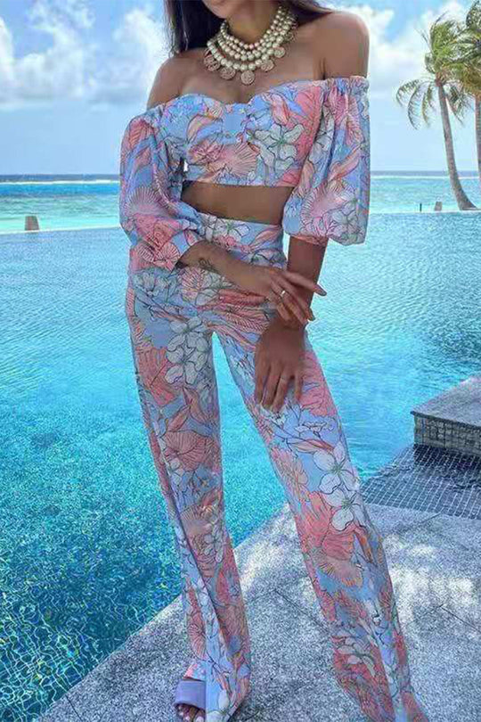 Blumen Off-Shoulder Top mit weitem Hosen Set