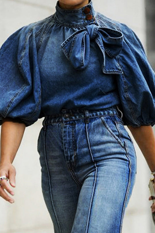 Heidi-Mode | Lässige Solide Patchwork mit Schleife Rollkragen Halber Ärmel Reguläre Denim Oberteile