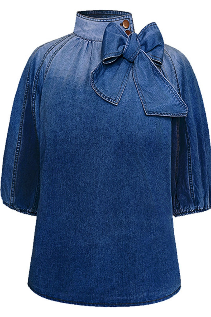 Heidi-Mode | Lässige Solide Patchwork mit Schleife Rollkragen Halber Ärmel Reguläre Denim Oberteile