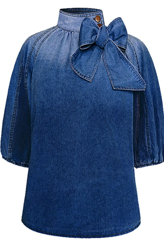 Heidi-Mode | Lässige Solide Patchwork mit Schleife Rollkragen Halber Ärmel Reguläre Denim Oberteile