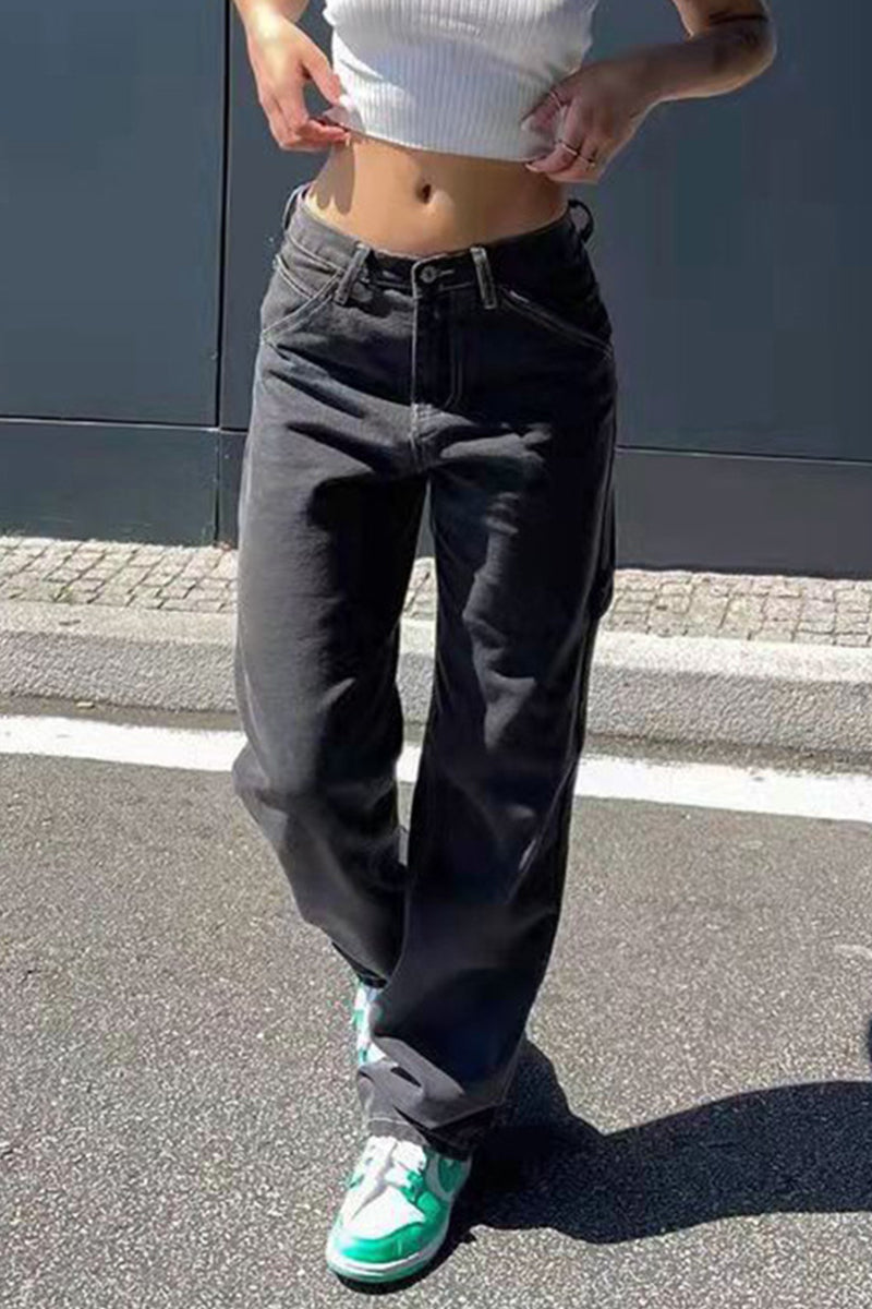 Heidi-Mode | Lässig Unifarben Alte Hohe Taille Lockere Denim Jeans