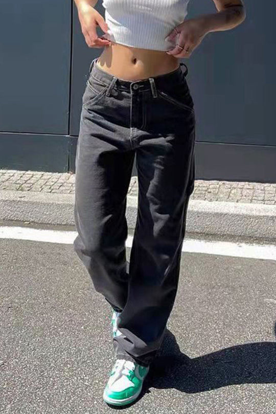 Heidi-Mode | Lässig Unifarben Alte Hohe Taille Lockere Denim Jeans