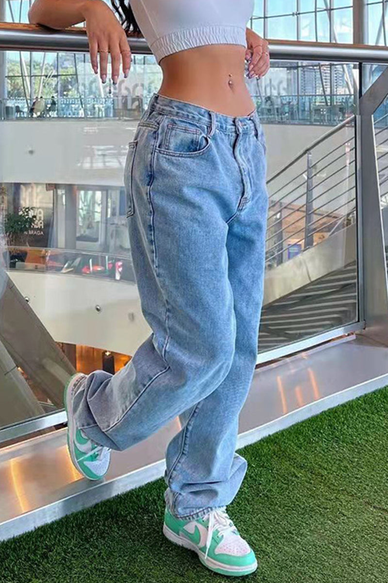 Heidi-Mode | Lässig Unifarben Alte Hohe Taille Lockere Denim Jeans