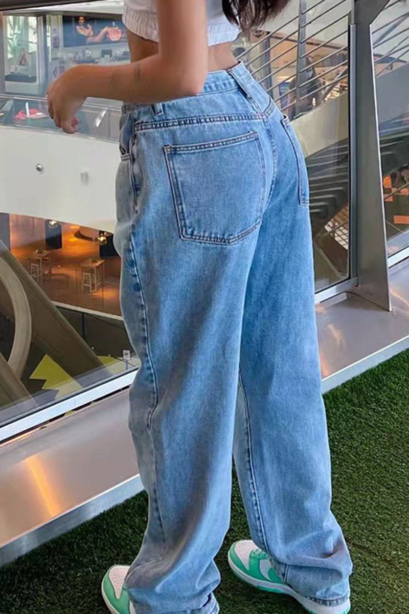 Heidi-Mode | Lässig Unifarben Alte Hohe Taille Lockere Denim Jeans