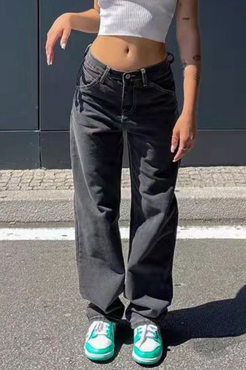 Heidi-Mode | Lässig Unifarben Alte Hohe Taille Lockere Denim Jeans
