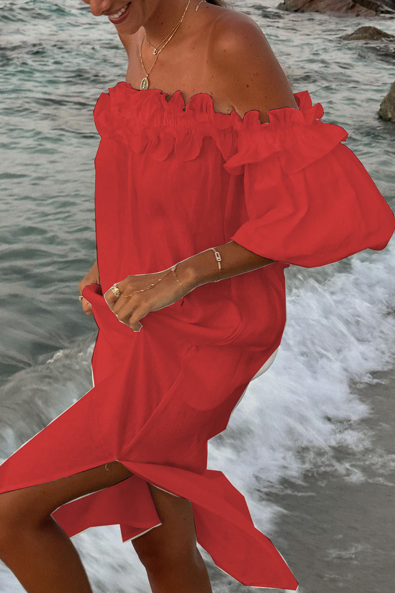 Heidi-Mode | Sexy Einfarbige Schlitz Faltbare Schulterfreie Strandkleider - 5 Farben
