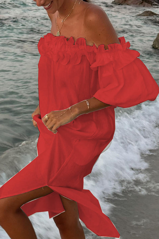 Heidi-Mode | Sexy Einfarbige Schlitz Faltbare Schulterfreie Strandkleider - 5 Farben