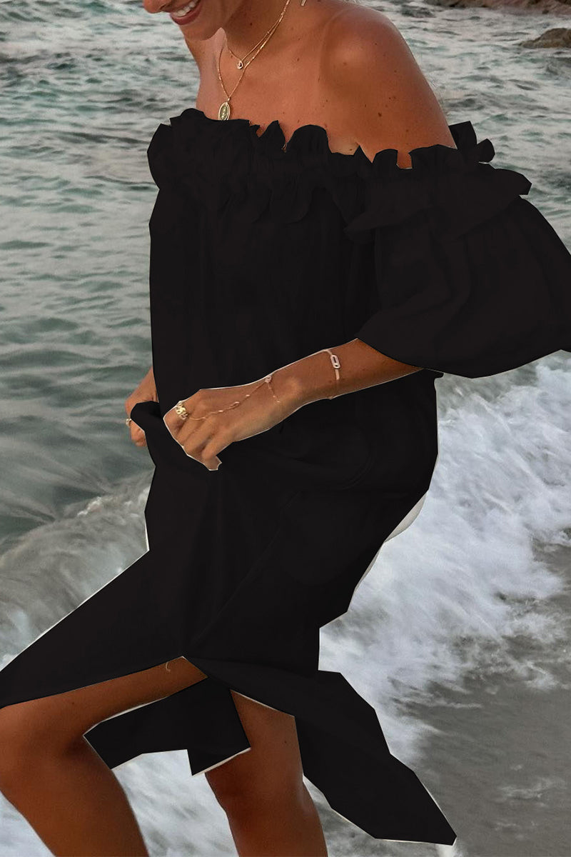 Heidi-Mode | Sexy Einfarbige Schlitz Faltbare Schulterfreie Strandkleider - 5 Farben