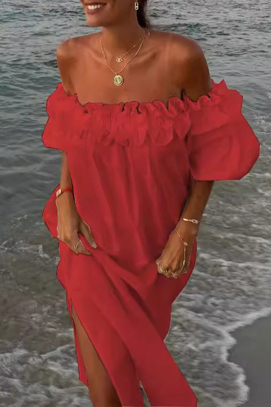 Heidi-Mode | Sexy Einfarbige Schlitz Faltbare Schulterfreie Strandkleider - 5 Farben