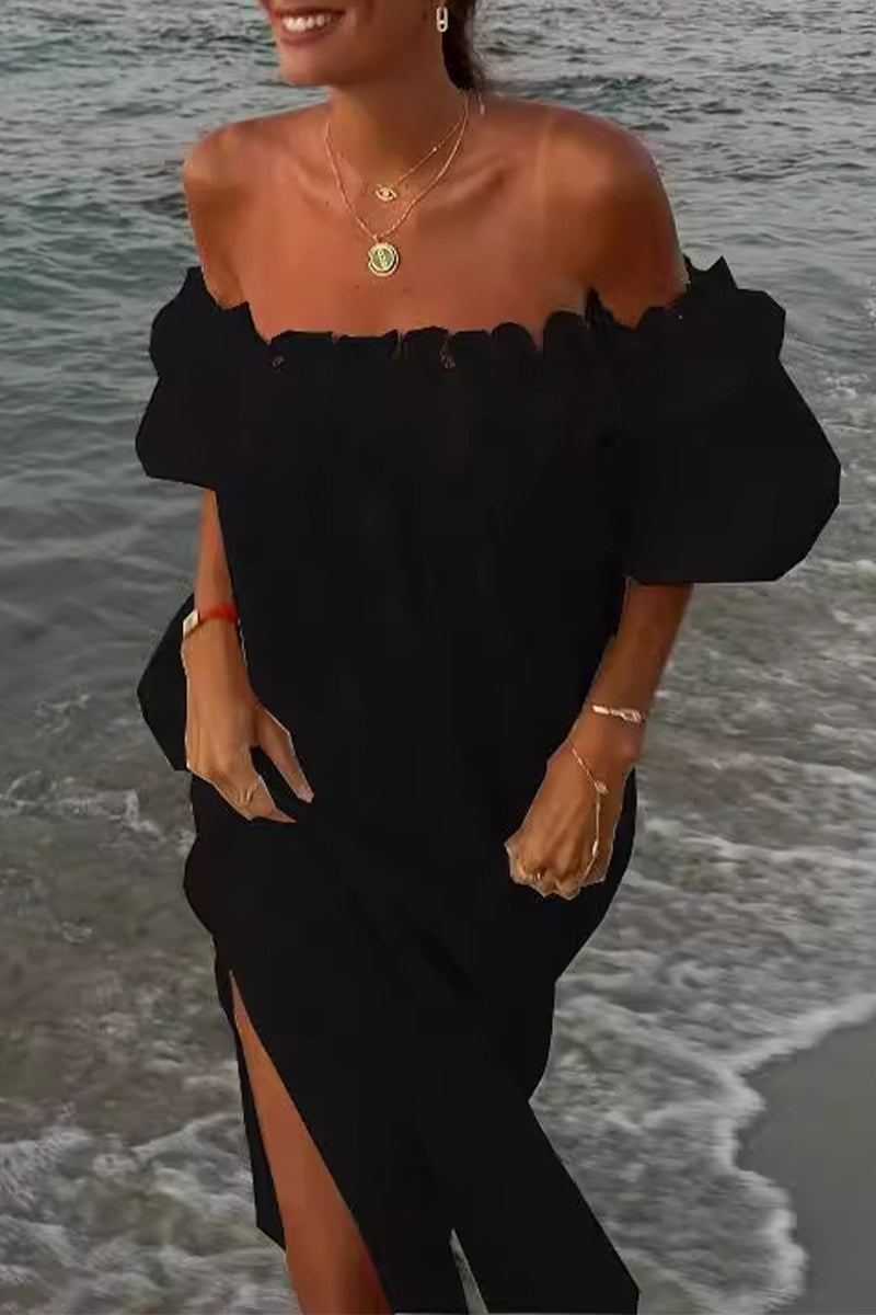Heidi-Mode | Sexy Einfarbige Schlitz Faltbare Schulterfreie Strandkleider - 5 Farben