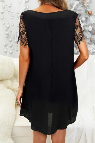 Heidi-Mode | Lässig Einfarbig Spitzen Pailletten V-Ausschnitt Kurzarm Kleider