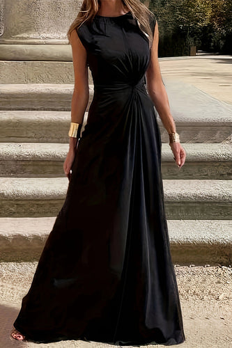 Heidi-Mode | Elegante Schlichtheit Einfarbig Falten O-Ausschnitt Westen Kleid