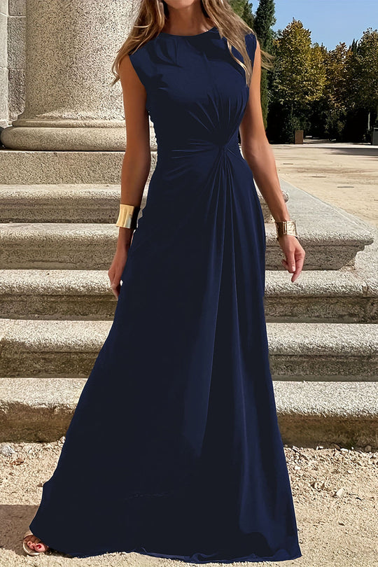 Heidi-Mode | Elegante Schlichtheit Einfarbig Falten O-Ausschnitt Westen Kleid