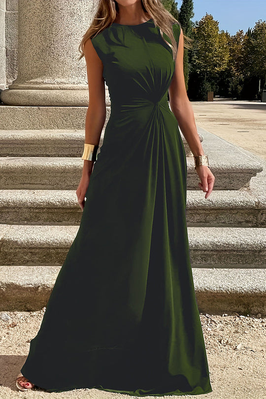 Heidi-Mode | Elegante Schlichtheit Einfarbig Falten O-Ausschnitt Westen Kleid