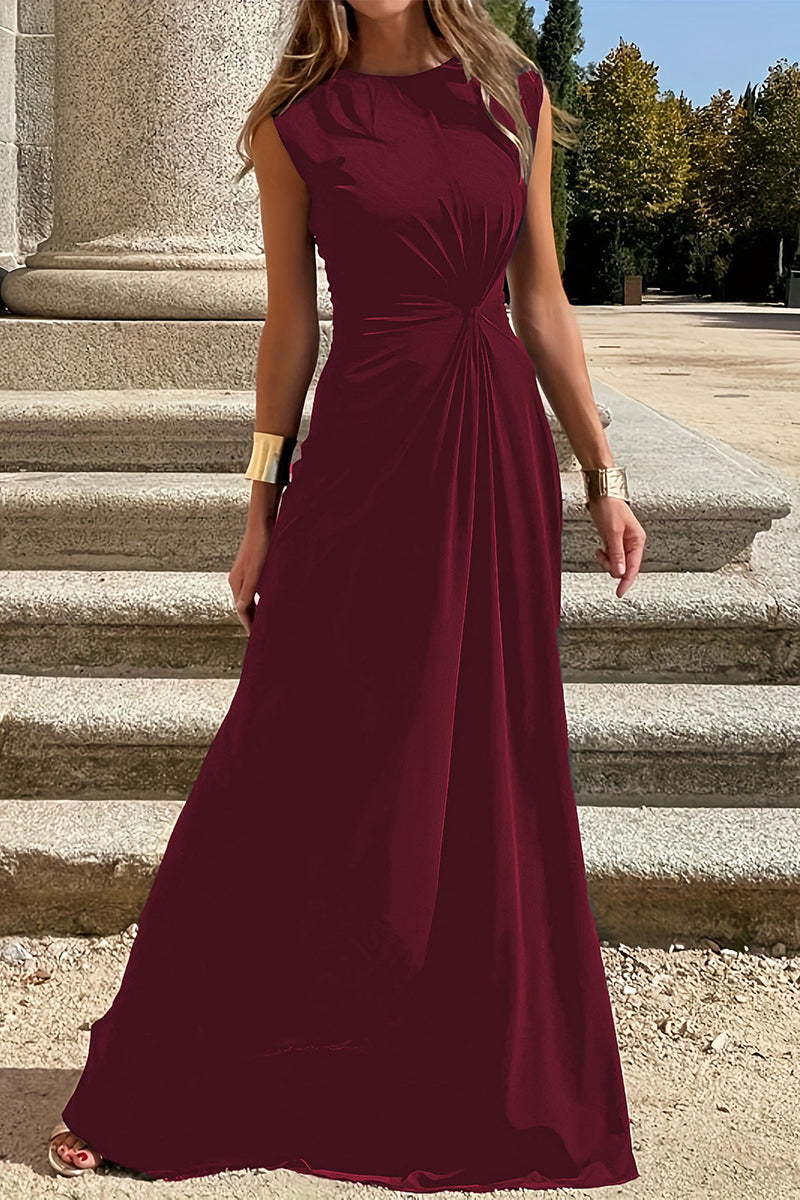 Heidi-Mode | Elegante Schlichtheit Einfarbig Falten O-Ausschnitt Westen Kleid