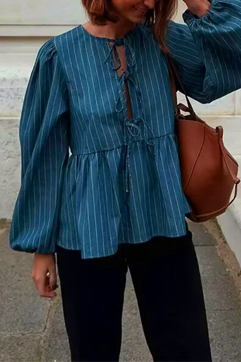 Heidi-Mode | Lässig Vintage Gestreifte Frenulum O-Hals Tops