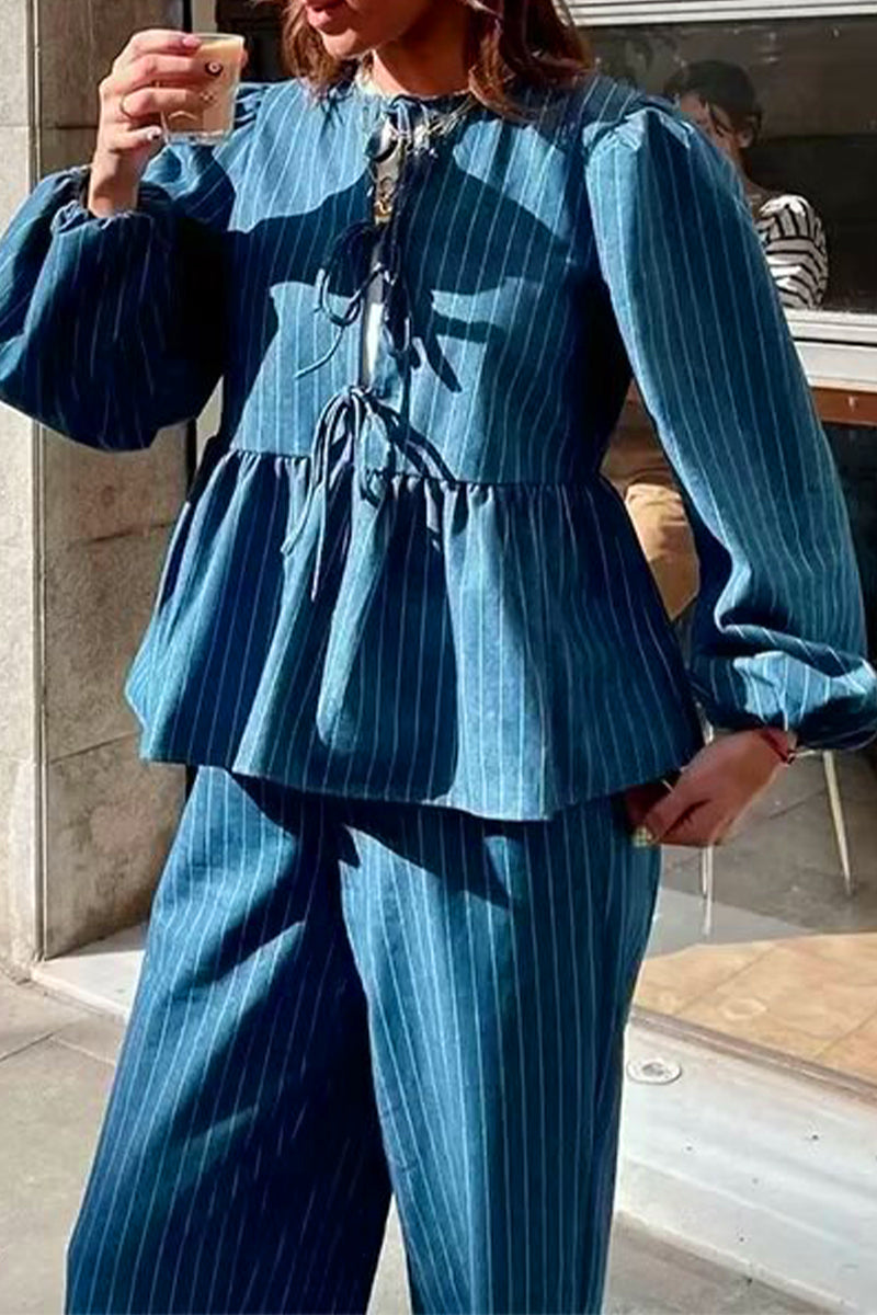 Heidi-Mode | Lässig Vintage Gestreifte Frenulum O-Hals Tops