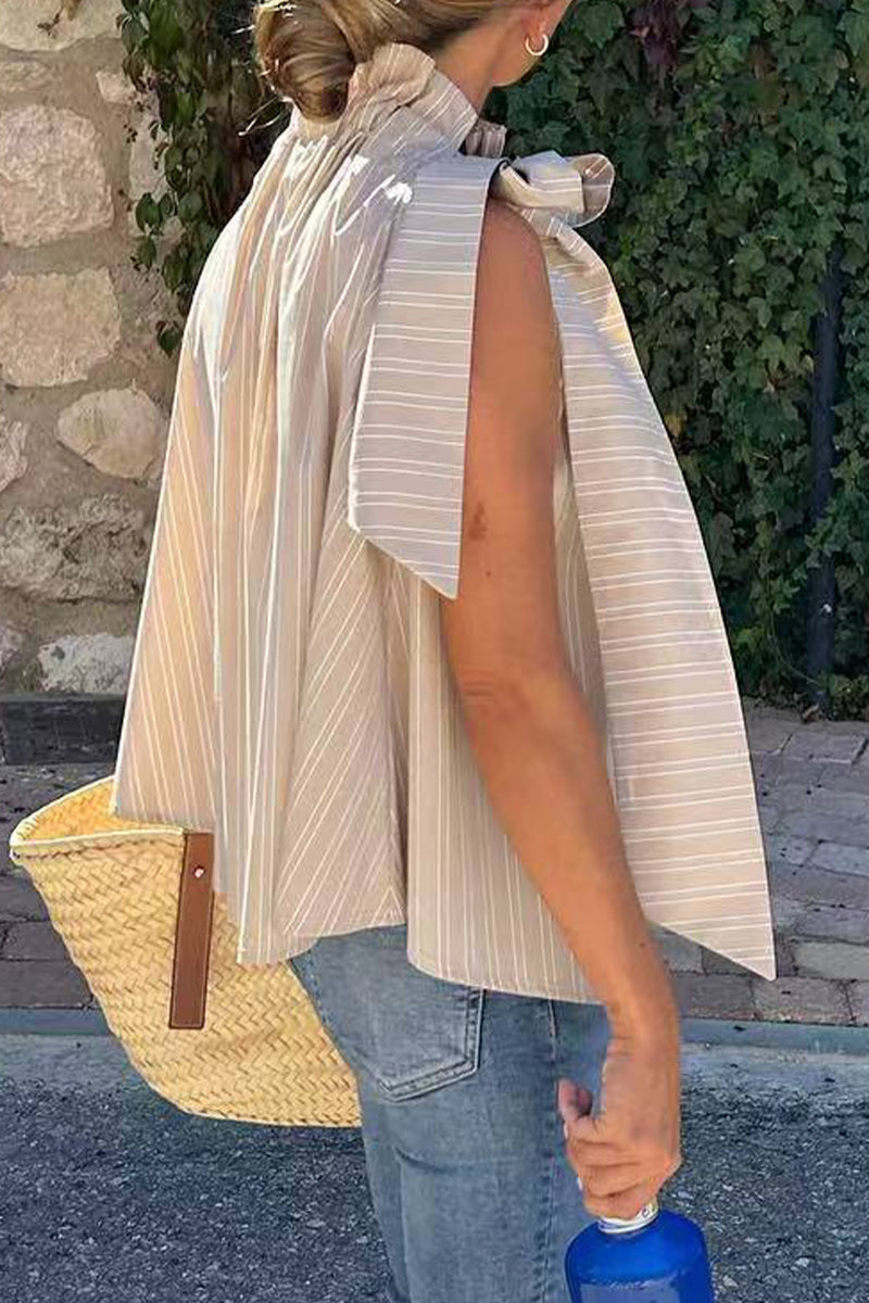 Heidi-Mode | Elegante Gestreifte Bandage Lotusblattkragen Tops