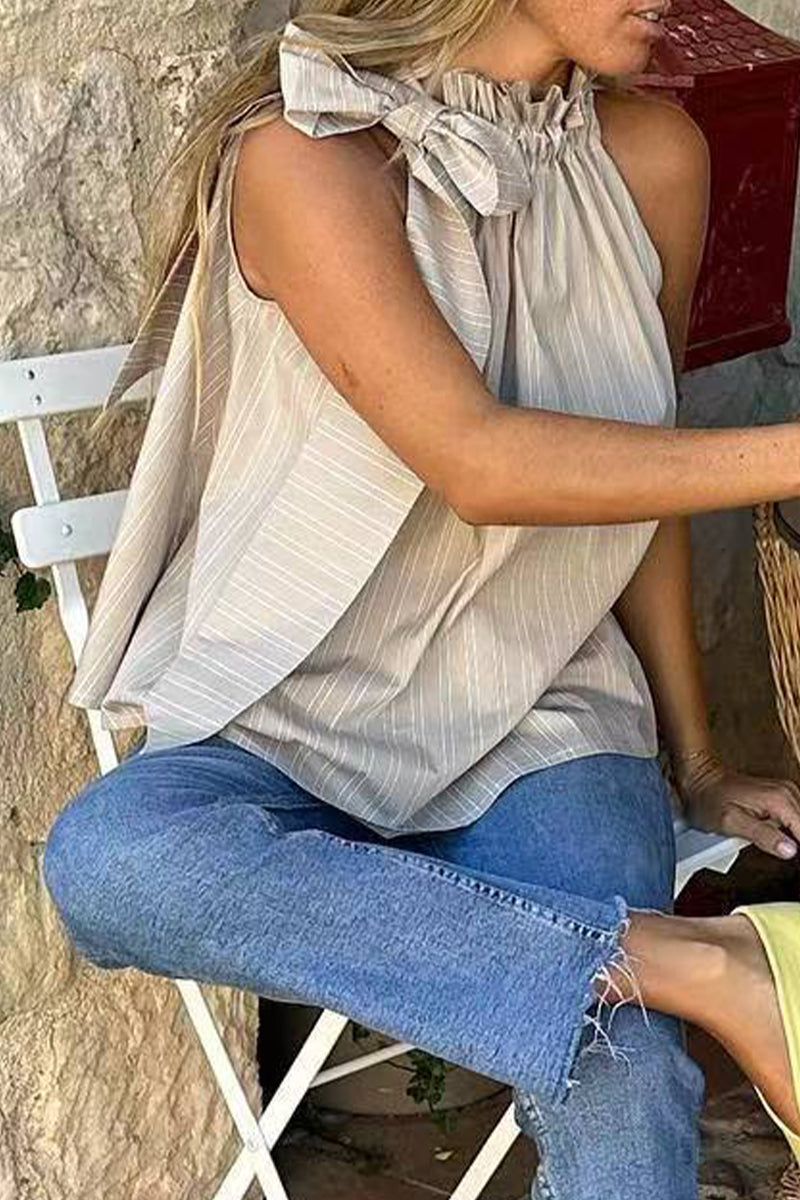 Heidi-Mode | Elegante Gestreifte Bandage Lotusblattkragen Tops