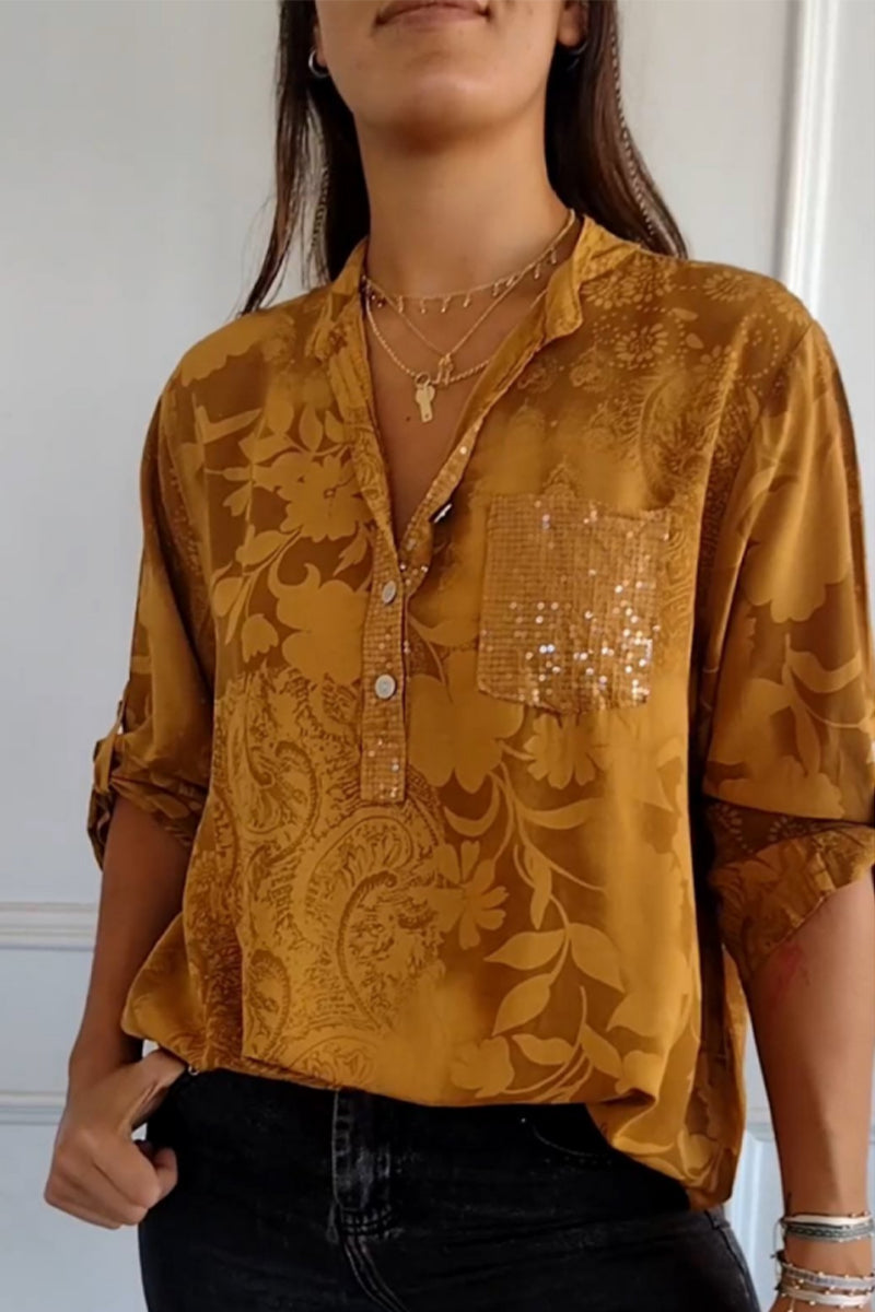 Heidi-Mode | Florale Taschenkontrast-Mandarin-Kragen-Blusen - 10 Farben