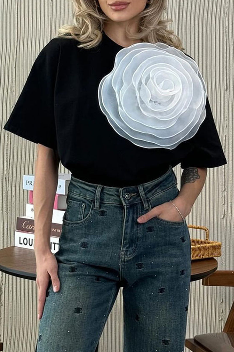 Heidi-Mode | Lässig Süß Einfarbig Blumen O-Hals T-Shirts - 4 Farben