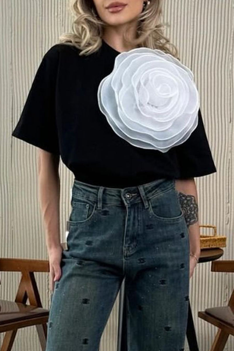 Heidi-Mode | Lässig Süß Einfarbig Blumen O-Hals T-Shirts - 4 Farben