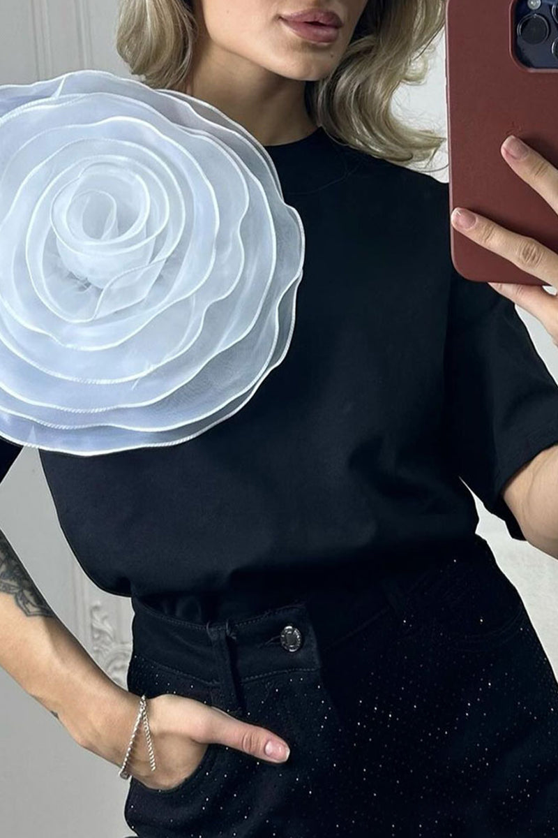 Heidi-Mode | Lässig Süß Einfarbig Blumen O-Hals T-Shirts - 4 Farben