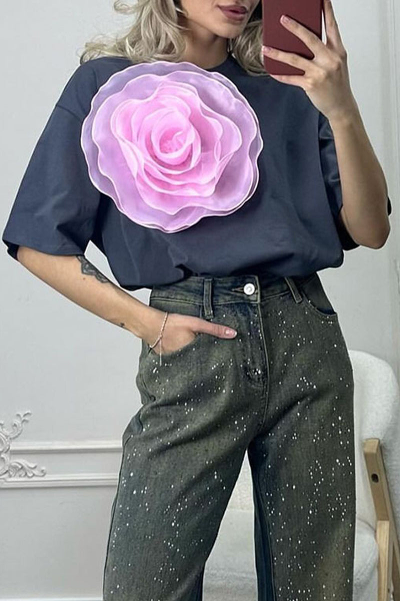 Heidi-Mode | Lässig Süß Einfarbig Blumen O-Hals T-Shirts - 4 Farben