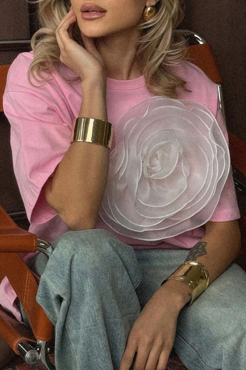 Heidi-Mode | Lässig Süß Einfarbig Blumen O-Hals T-Shirts - 4 Farben