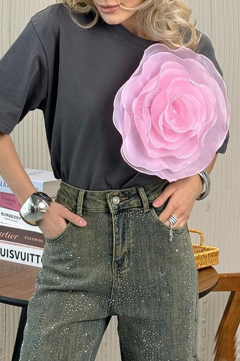 Heidi-Mode | Lässig Süß Einfarbig Blumen O-Hals T-Shirts - 4 Farben