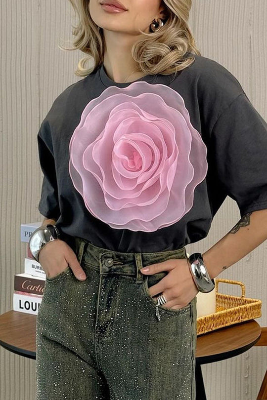 Heidi-Mode | Lässig Süß Einfarbig Blumen O-Hals T-Shirts - 4 Farben