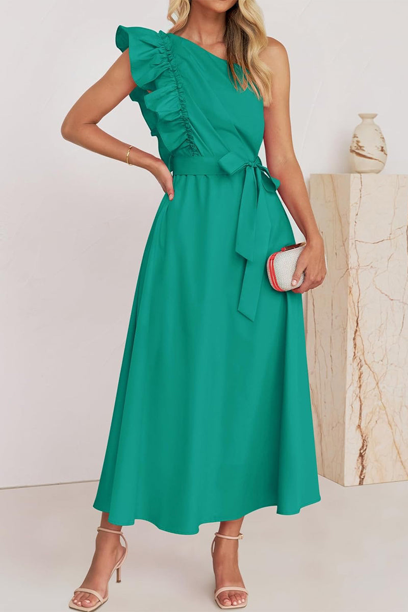 Heidi-Mode | Süß Elegant Fest Solid Bandage Stringy Saum Schräger Kragen A Linie Kleider- 5 Farben