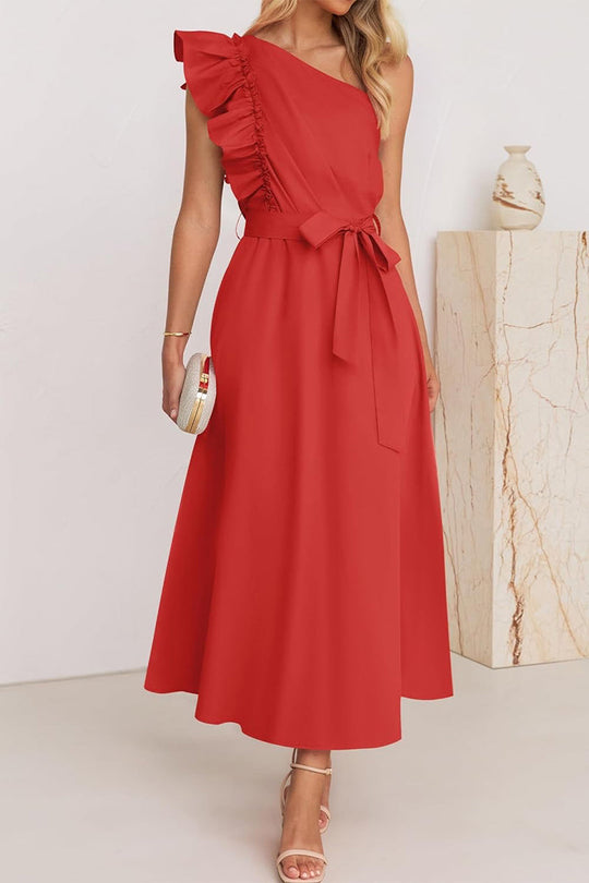 Heidi-Mode | Süß Elegant Fest Solid Bandage Stringy Saum Schräger Kragen A Linie Kleider- 5 Farben
