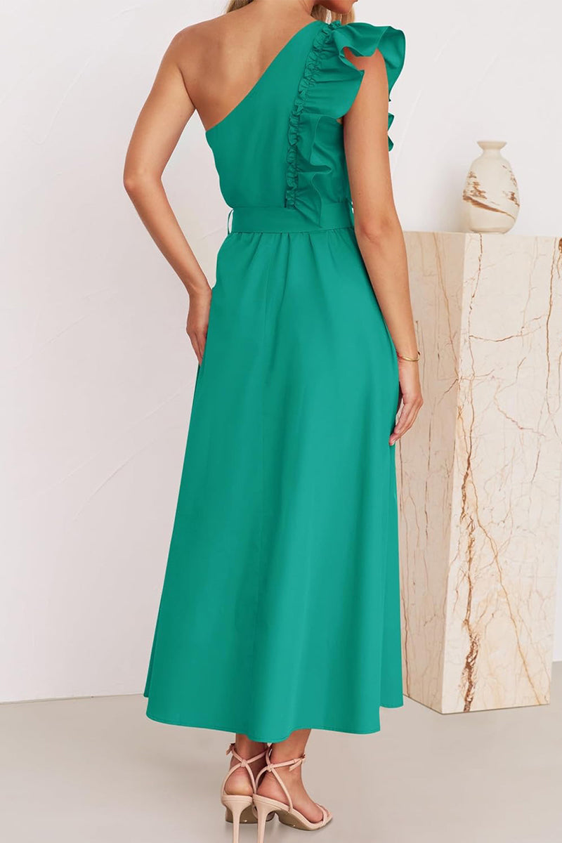 Heidi-Mode | Süß Elegant Fest Solid Bandage Stringy Saum Schräger Kragen A Linie Kleider- 5 Farben