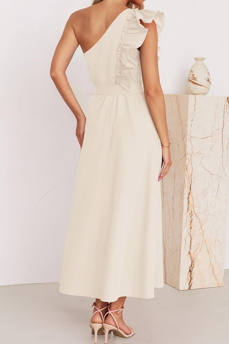 Heidi-Mode | Süß Elegant Fest Solid Bandage Stringy Saum Schräger Kragen A Linie Kleider- 5 Farben