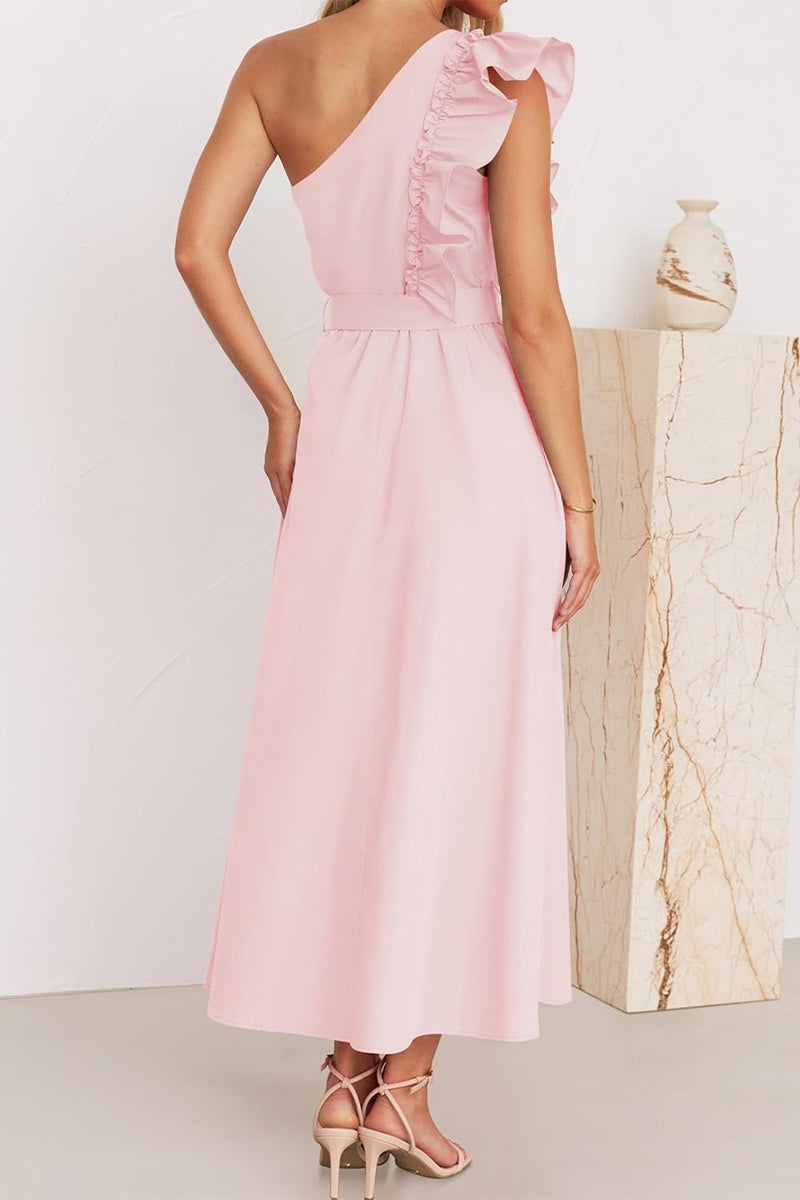 Heidi-Mode | Süß Elegant Fest Solid Bandage Stringy Saum Schräger Kragen A Linie Kleider- 5 Farben