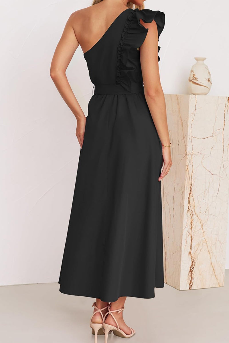 Heidi-Mode | Süß Elegant Fest Solid Bandage Stringy Saum Schräger Kragen A Linie Kleider- 5 Farben