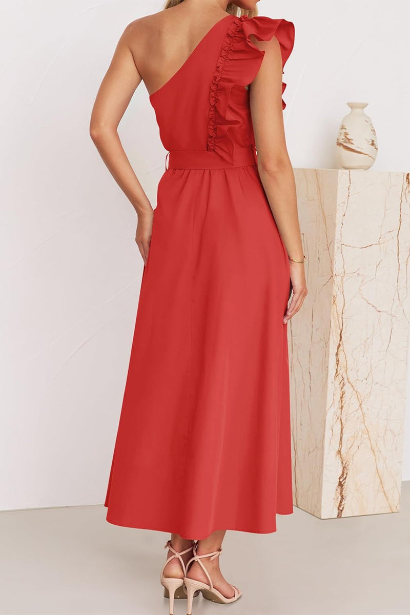 Heidi-Mode | Süß Elegant Fest Solid Bandage Stringy Saum Schräger Kragen A Linie Kleider- 5 Farben