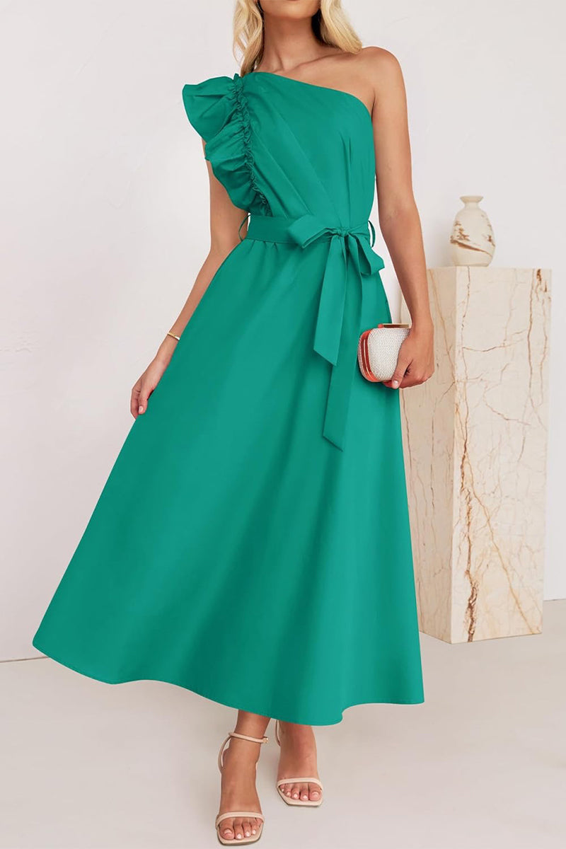 Heidi-Mode | Süß Elegant Fest Solid Bandage Stringy Saum Schräger Kragen A Linie Kleider- 5 Farben